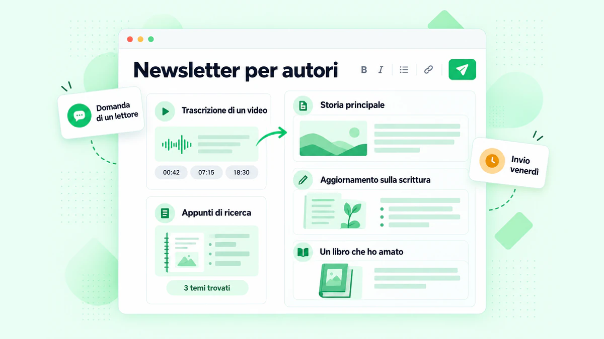 Newsletter per autori: un numero preparato a partire dalla trascrizione di un video e da appunti di ricerca, con una storia principale, un aggiornamento e un libro consigliato