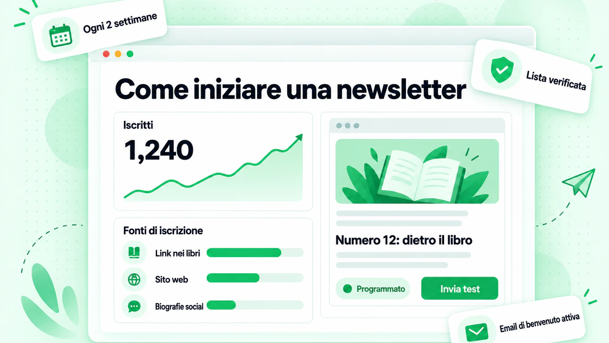 Come iniziare una newsletter: una dashboard di newsletter per autori con crescita degli iscritti, fonti di iscrizione e un numero programmato