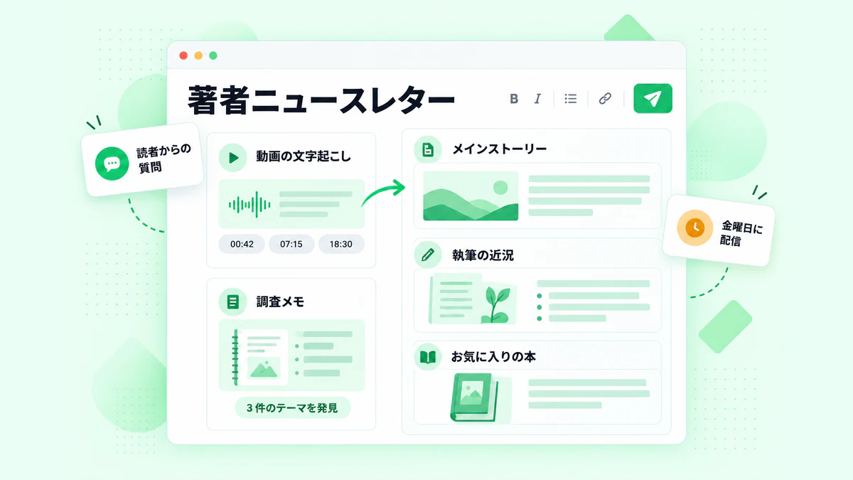 著者ニュースレター:動画の文字起こしと調査メモから作成した号。メインストーリー、近況報告、おすすめの本を含む