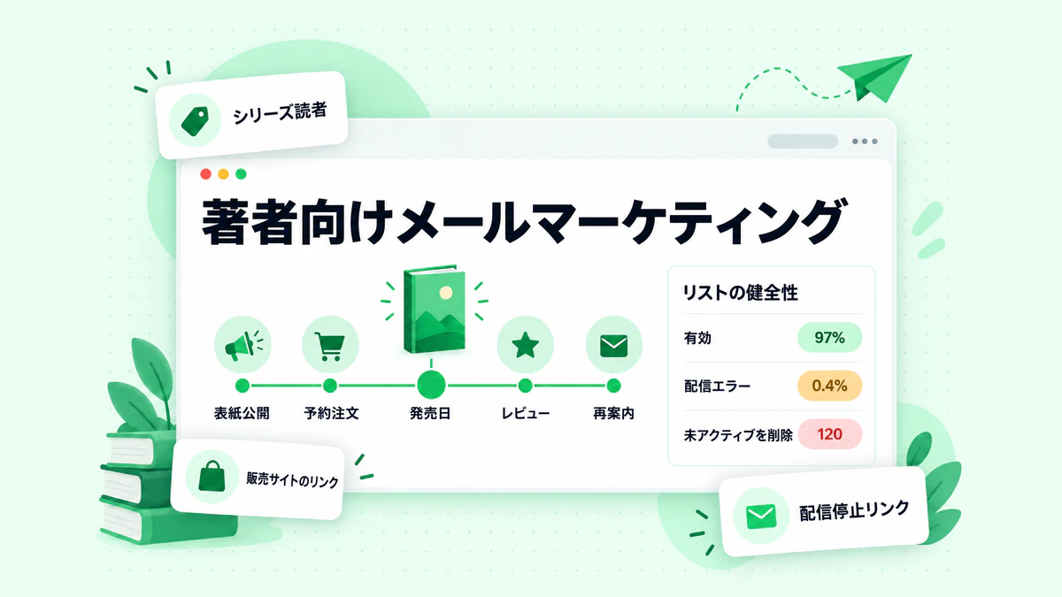 著者向けメールマーケティング:表紙公開から発売日までの本の発売メールのタイムラインと、リストの健全性を示す数値