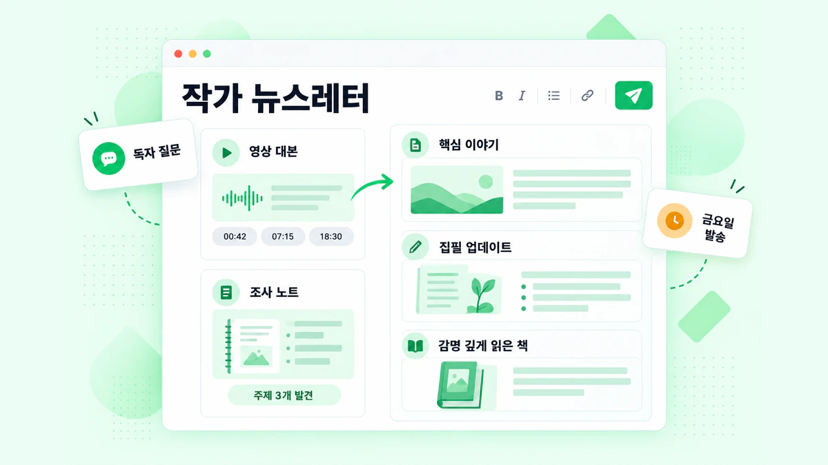 작가 뉴스레터: 영상 대본과 조사 노트에서 작성한 호로, 핵심 이야기와 업데이트, 추천 도서가 포함되어 있음