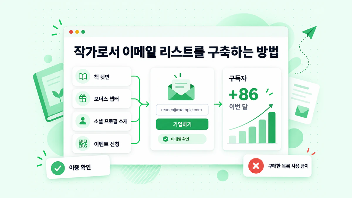 이메일 리스트를 구축하는 방법: 도서 링크, 보너스 챕터, 소셜 프로필 소개와 이벤트 신청이 하나의 신청 양식으로 연결되는 모습