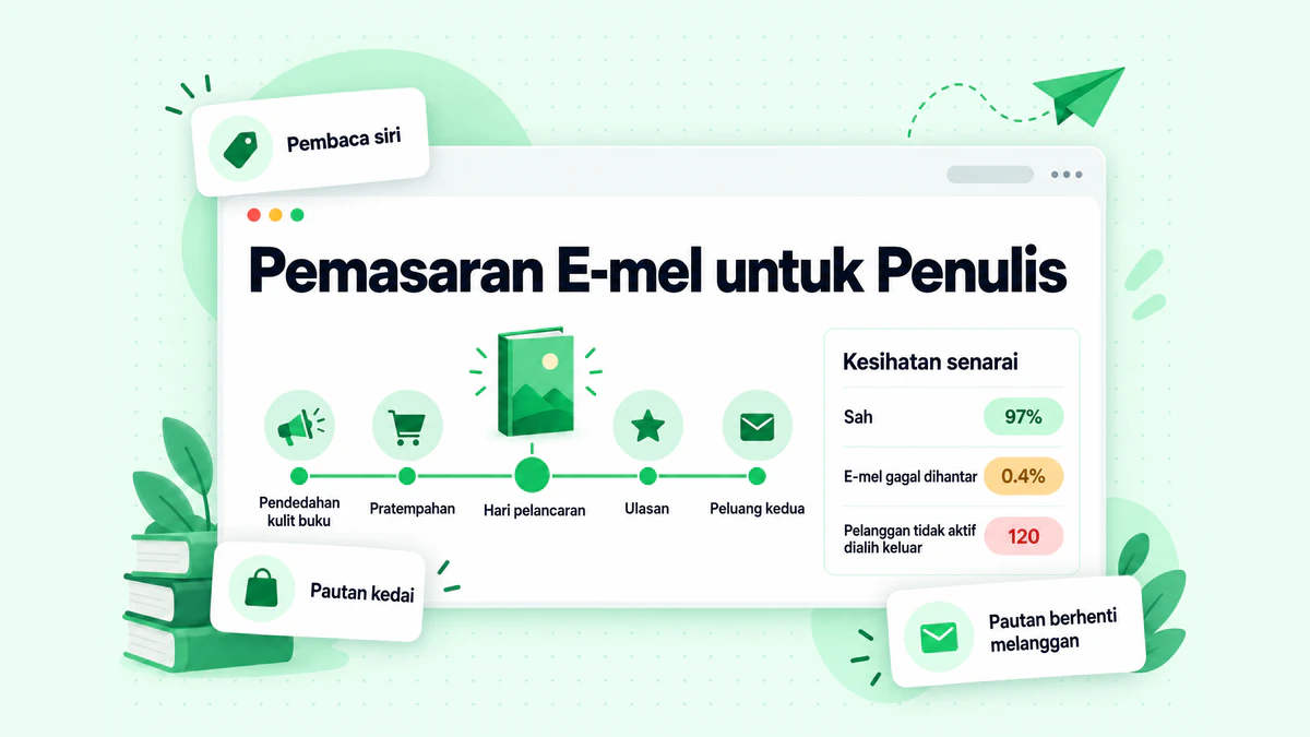Pemasaran e-mel untuk penulis: garis masa e-mel pelancaran buku daripada pendedahan kulit buku hingga hari pelancaran, bersebelahan dengan angka kesihatan senarai