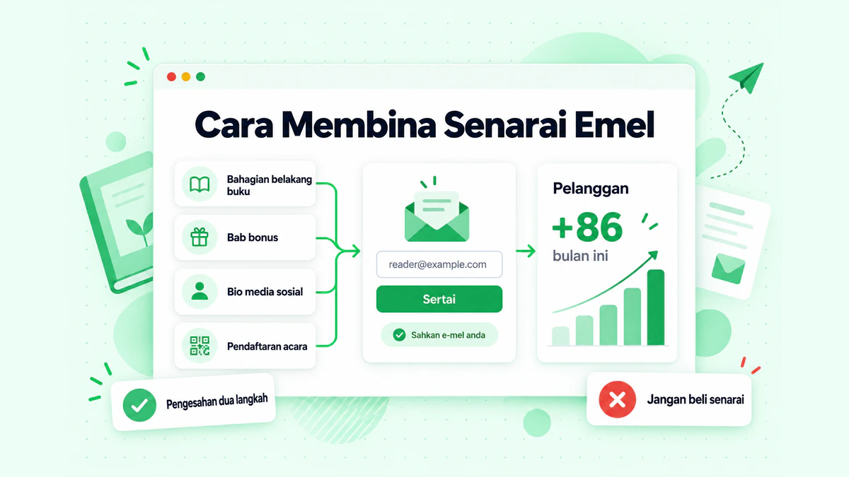 Cara membina senarai emel: pautan buku, bab bonus, bio media sosial dan pendaftaran acara menuju ke satu borang pendaftaran