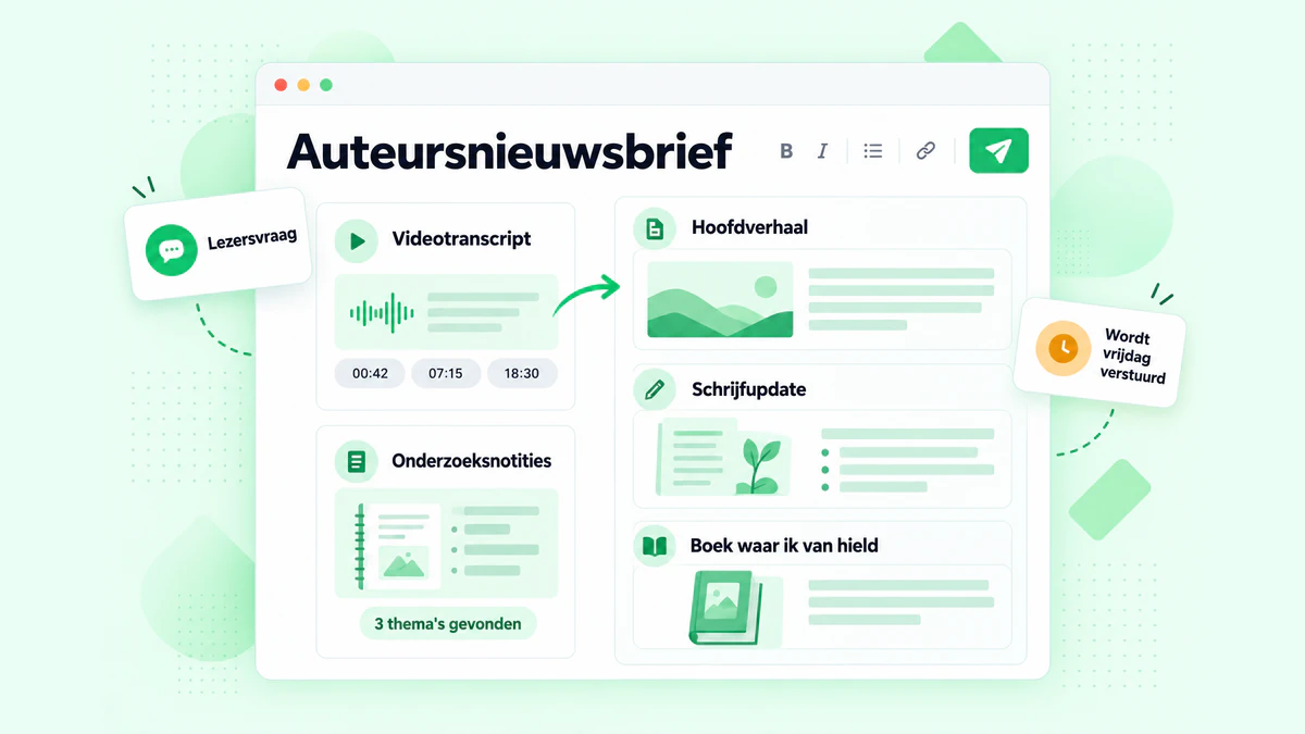 Auteursnieuwsbrief: een editie opgesteld aan de hand van een videot transcript en onderzoeksnotities, met een hoofdverhaal, update en boekkeuze