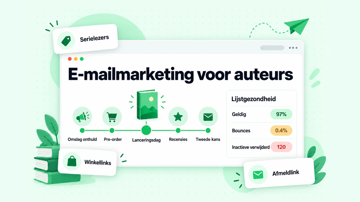 E-mailmarketing voor auteurs: een tijdlijn van een boeklancering, van de onthulling van de omslag tot de lanceringsdag, naast cijfers over de lijstgezondheid
