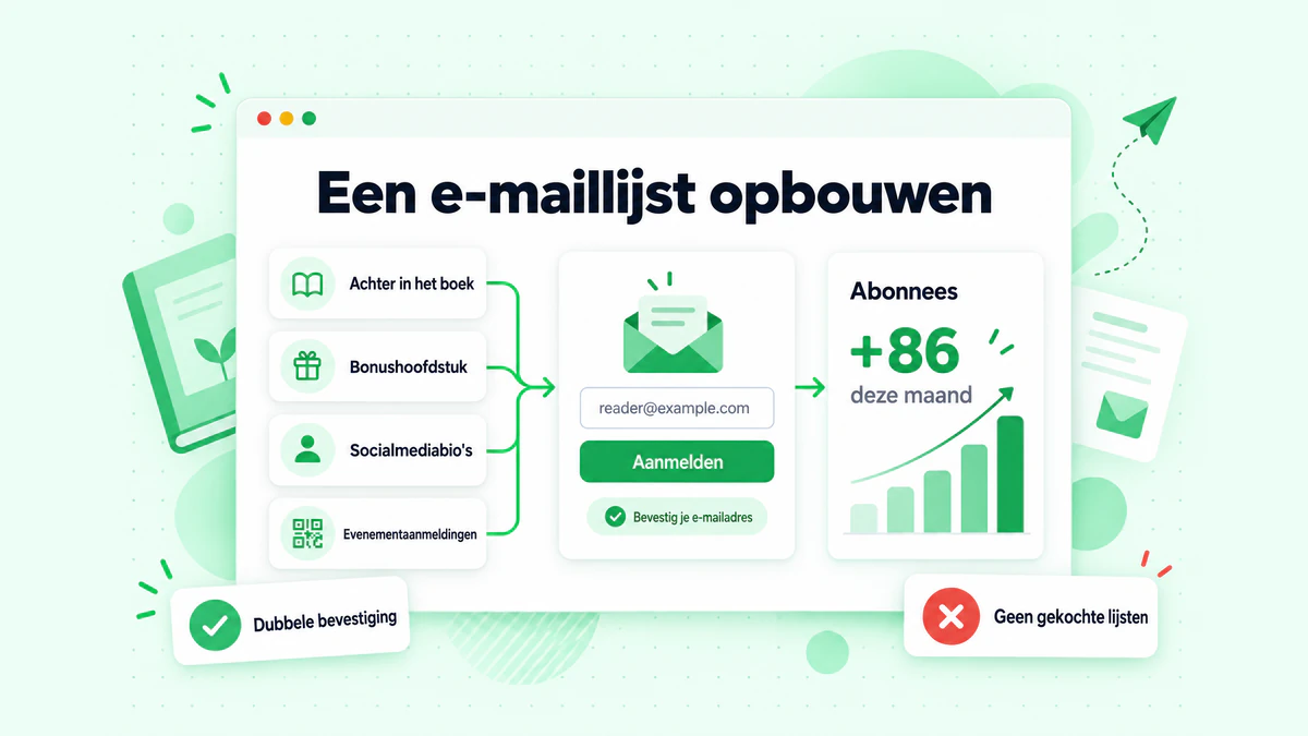 Een e-maillijst opbouwen: boeklinks, een bonushoofdstuk, socialmediabio's en evenementaanmeldingen die naar één inschrijfformulier leiden