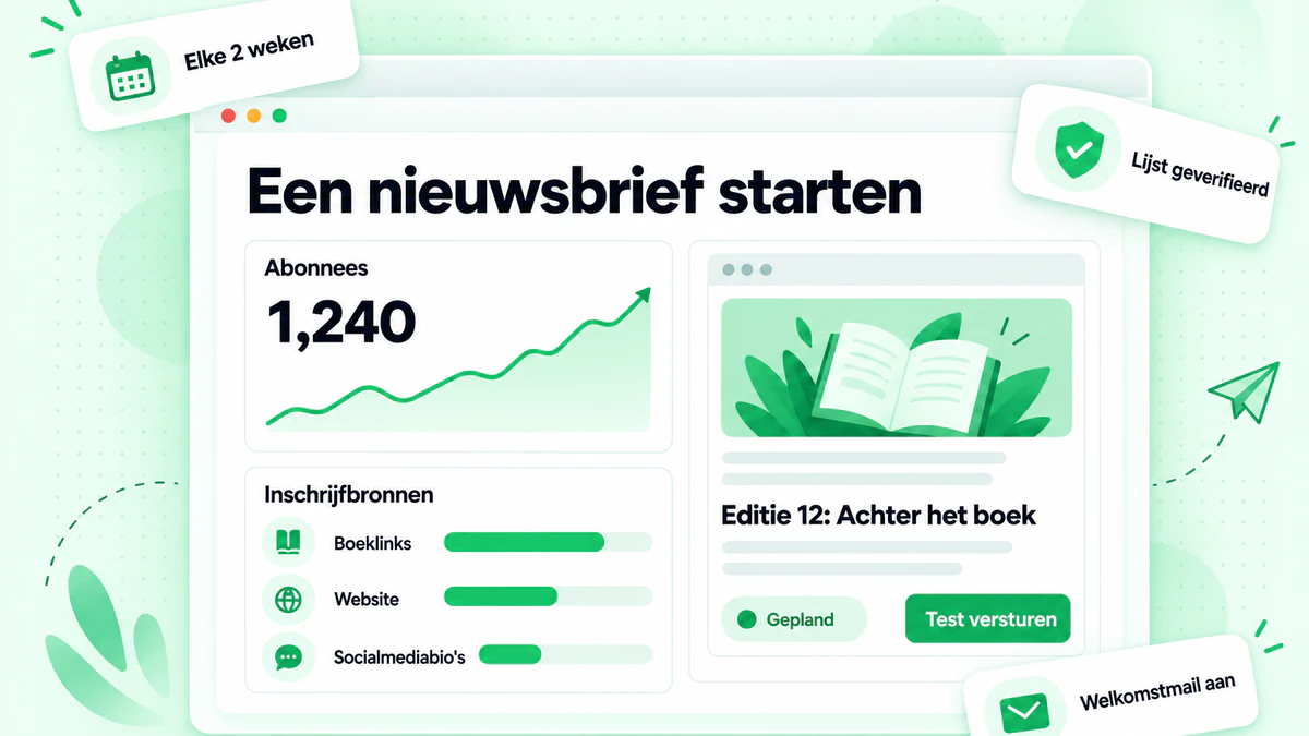 Een nieuwsbrief beginnen: een dashboard voor de nieuwsbrief van een auteur met abonnee-groei, inschrijfbronnen en een geplande editie