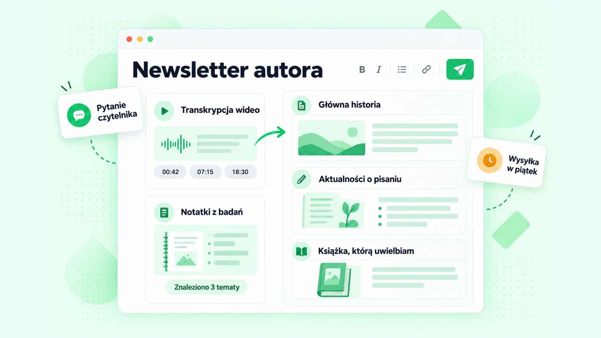 Newsletter autora: numer przygotowany na podstawie transkrypcji wideo i notatek z badań, z główną historią, aktualizacją i wyborem książki