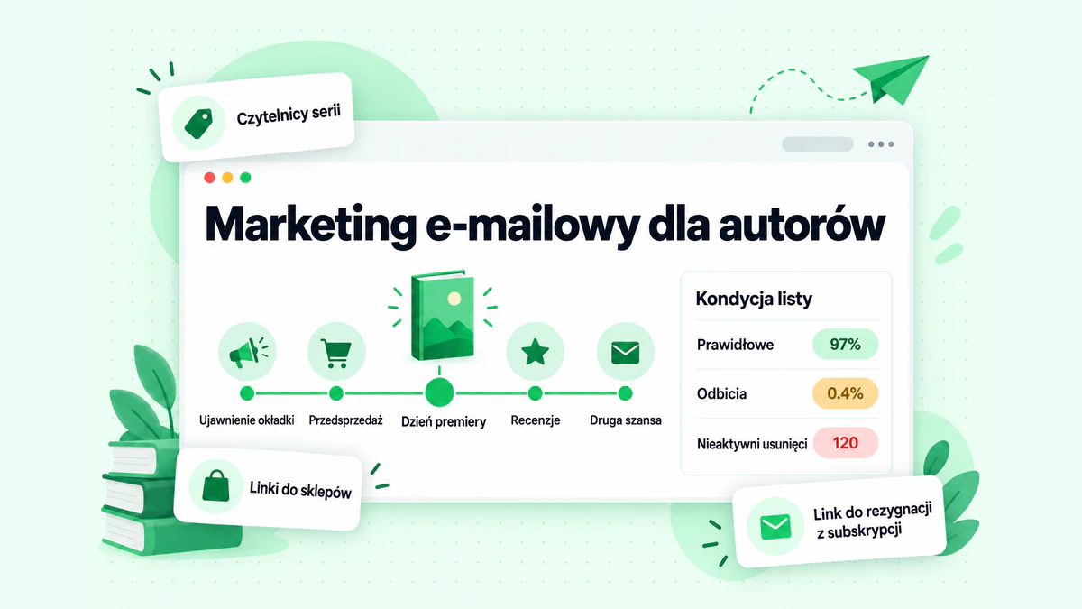 Marketing e-mailowy dla autorów: oś czasu wiadomości e-mail związanych z premierą książki — od ujawnienia okładki do dnia premiery — obok danych dotyczących kondycji listy