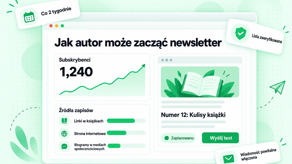 Jak rozpocząć newsletter: panel newslettera autora ze wzrostem liczby subskrybentów, źródłami zapisów i zaplanowanym wydaniem