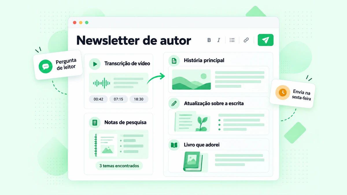 Newsletter de autor: uma edição elaborada a partir da transcrição de um vídeo e de notas de pesquisa, com uma história principal, uma atualização e uma escolha de livro