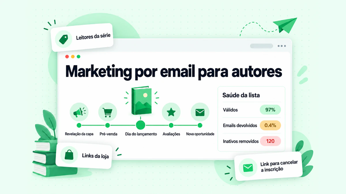 Marketing por email para autores: uma linha do tempo de emails do lançamento de um livro, da revelação da capa ao dia do lançamento, ao lado de números sobre a saúde da lista