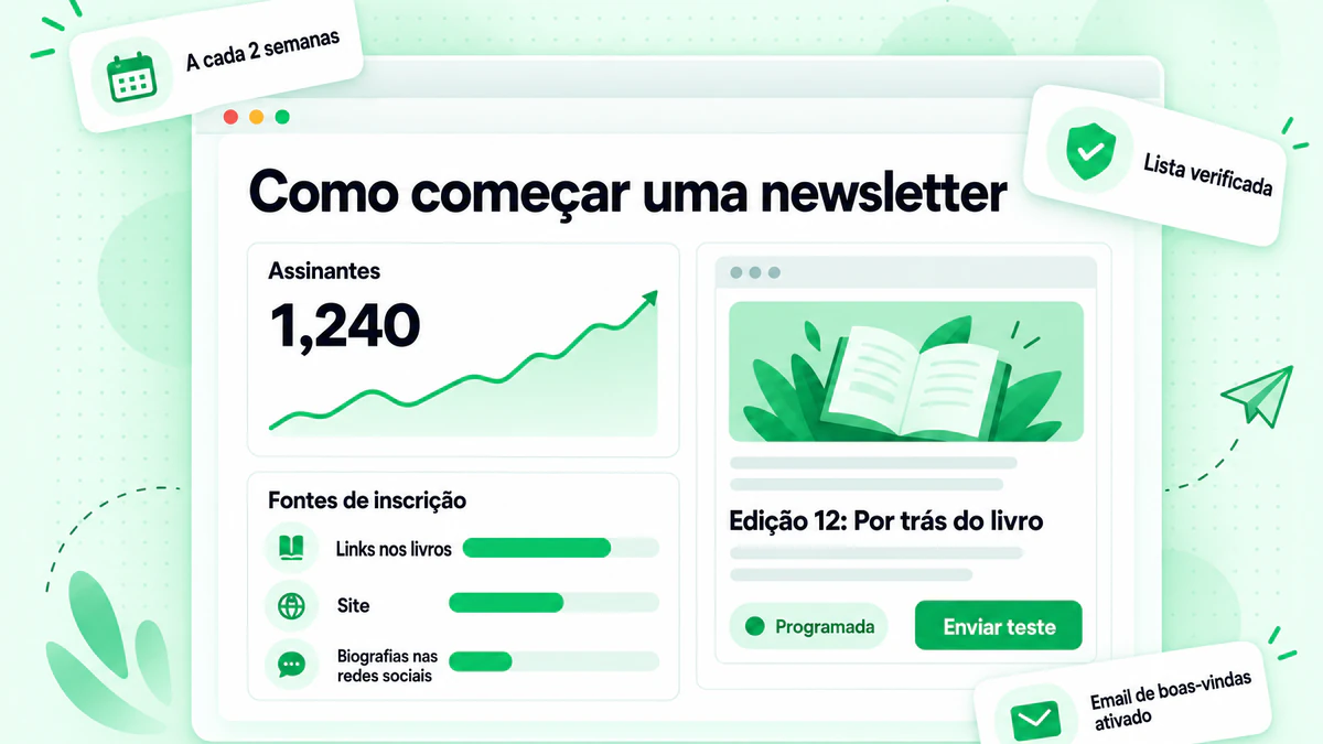 Como começar uma newsletter: um painel de newsletter de autor com crescimento de assinantes, fontes de inscrição e uma edição programada
