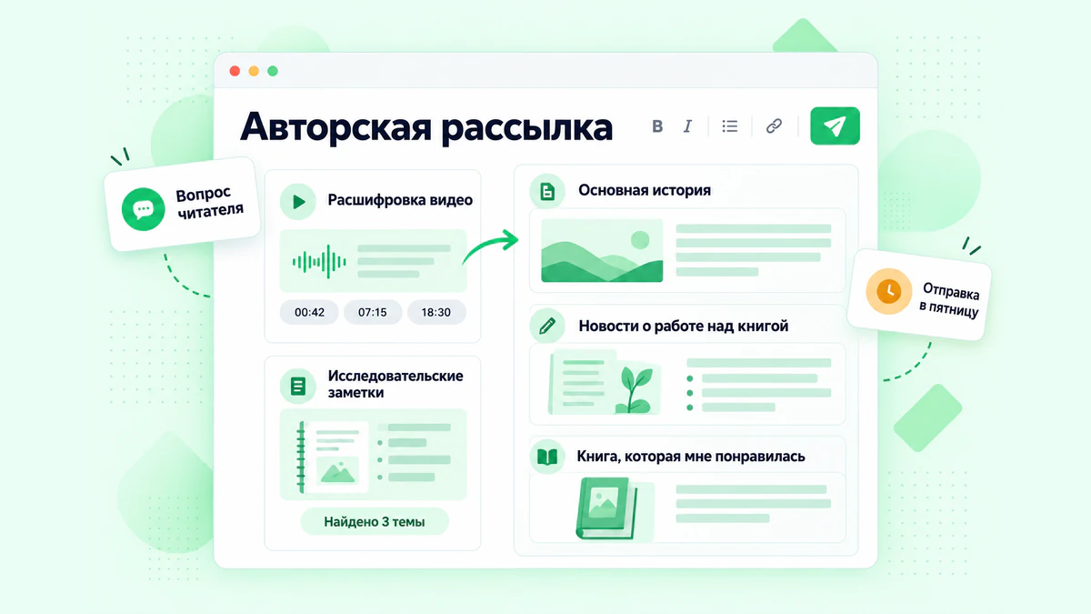 Авторская рассылка: выпуск, составленный на основе расшифровки видео и исследовательских заметок, с основной историей, обновлением и выбором книги