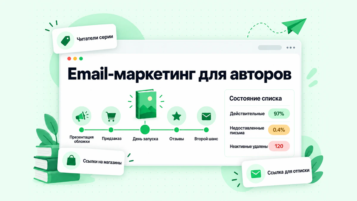 Email-маркетинг для авторов: временная шкала писем к запуску книги — от презентации обложки до дня запуска — рядом с показателями здоровья списка