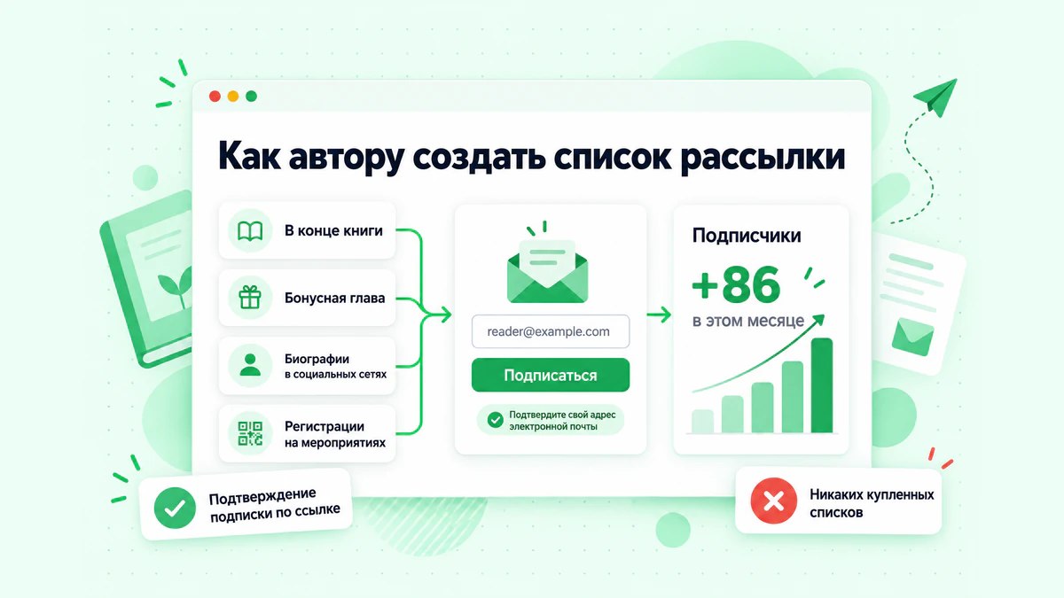 Как создать список рассылки: ссылки в книгах, бонусная глава, биографии в социальных сетях и регистрации на мероприятиях ведут к одной форме подписки