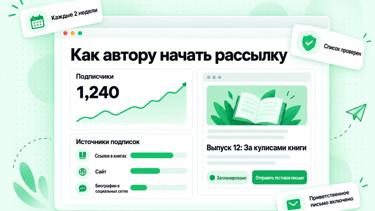 Как начать рассылку: панель авторской рассылки с ростом числа подписчиков, источниками подписок и запланированным выпуском