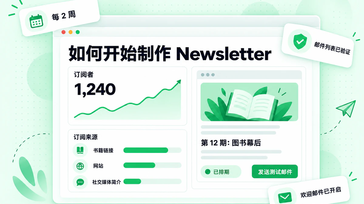 Newsletter 仪表板展示订阅者增长及注册来源，主题为如何开始 Newsletter