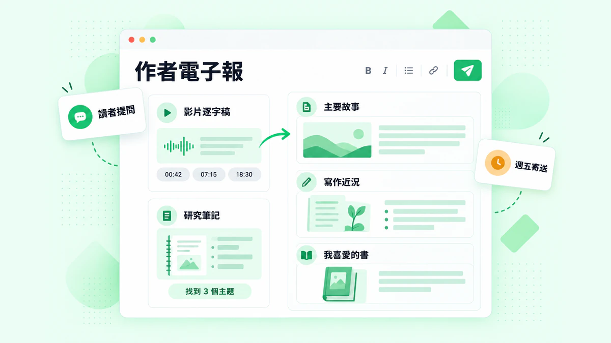 作者電子報：一則根據影片逐字稿與研究筆記撰寫的電子報，包含主要故事、更新內容與書籍推薦