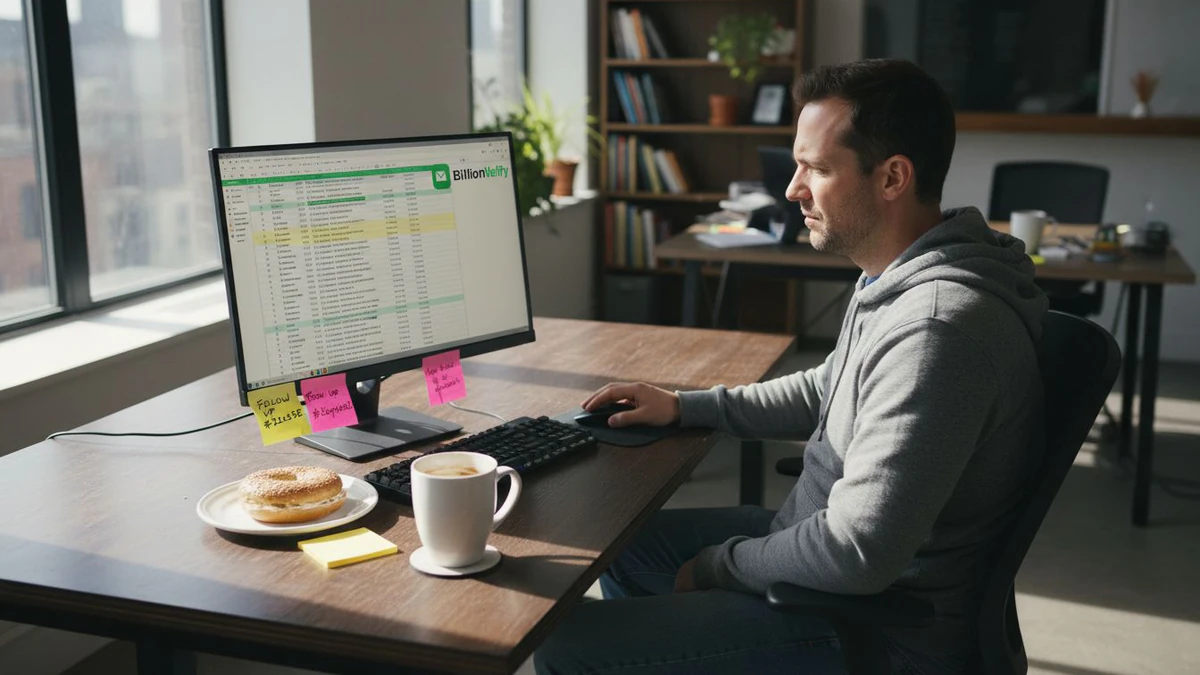 Man in a hoodie reviewing a BillionVerify email list on his monitor, showing why verify email lists