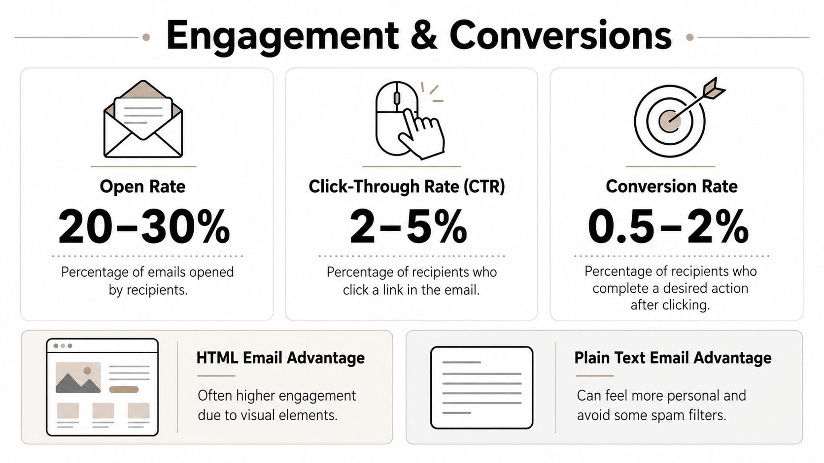 Infografis menampilkan tolok ukur pemasaran email untuk tingkat pembukaan, klik-tayang, dan konversi, membandingkan email HTML dan teks biasa.