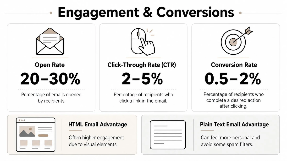 An infographic showing email marketing benchmarks for open, click-through, and conversion rates, comparing HTML and plain text emails.