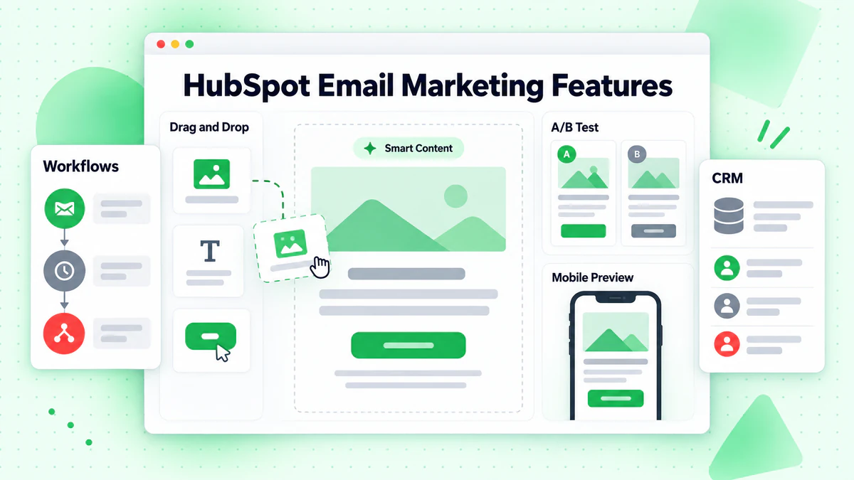 HubSpot email marketing features: drag and drop builder, A/B test, mobile preview and smart content