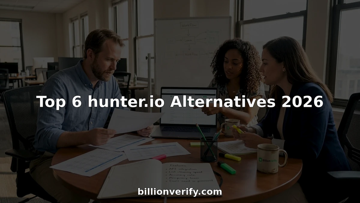 'Top 6 hunter.io Alternatives 2026' 제목 아래 원탁에서 인쇄된 메모를 검토하는 동료 세 명