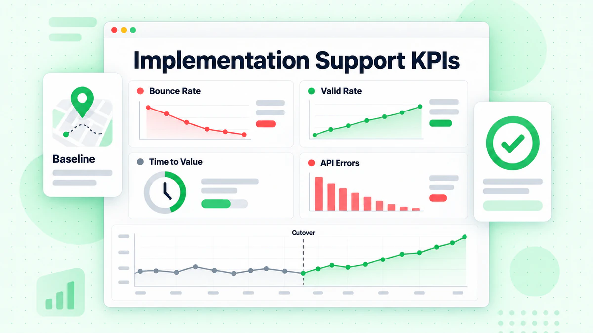 Implementation support KPIs dashboard: bounce rate, valid rate, time to value and API errors after cutover