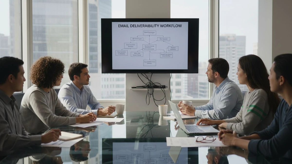 Team at a conference table reviewing a diagram to improve email deliverability workflow