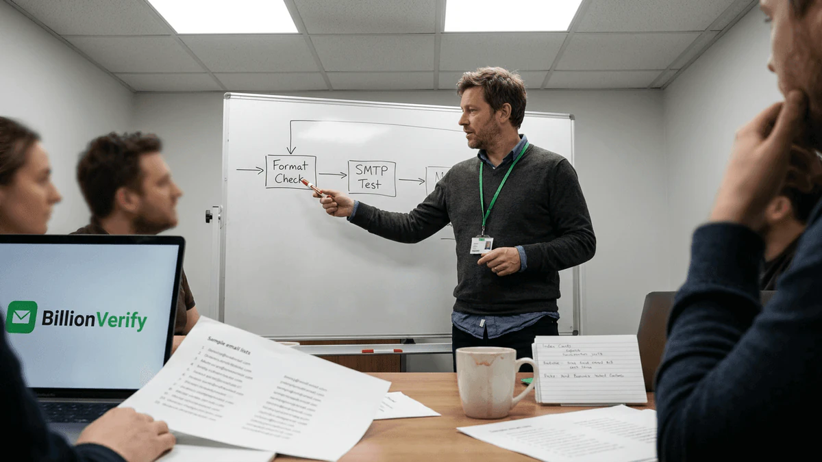 Manager outlining email verification workflow steps