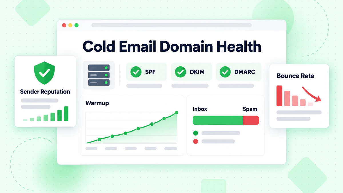 Domain health voor cold email: SPF-, DKIM- en DMARC-checks, warmup-curve en inbox versus spam plaatsing