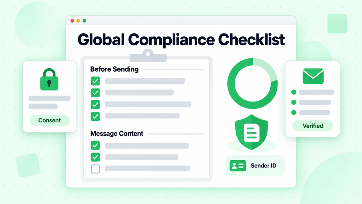 Global compliance checklist with before-sending and message content checks, consent and verified list