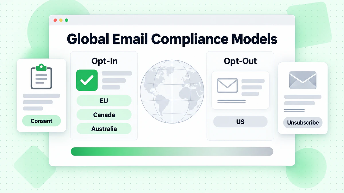 Global email compliance models: opt-in regions EU, Canada, Australia vs opt-out US