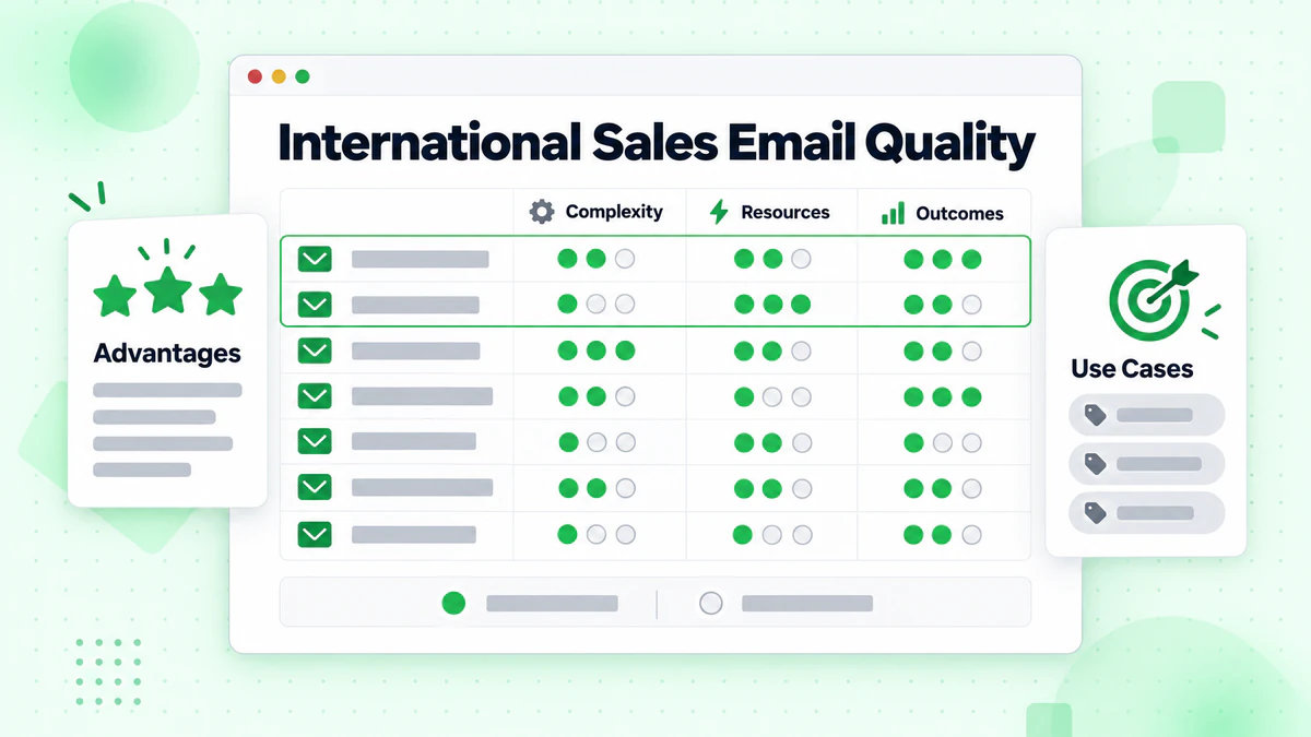 International sales email quality matrix rating seven tactics by complexity, resources and outcomes