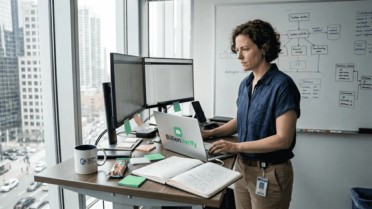 Woman at a standing desk with a BillionVerify laptop and two monitors running SMTP verification checks