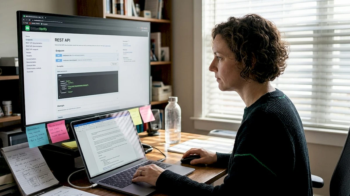Developer at a desk reviewing BillionVerify REST API docs for email verification developers