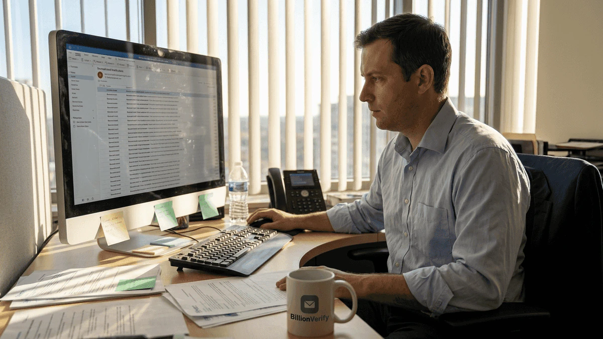 Man at a desk reviewing bounced messages in an email inbox on his monitor