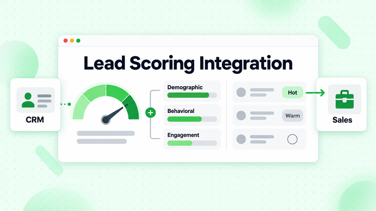 Lead scoring integration: demographic, behavioral and engagement bars feed a score gauge and hot leads