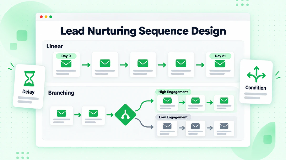 Lead nurturing sequence design: linear email path and branching path by high or low engagement