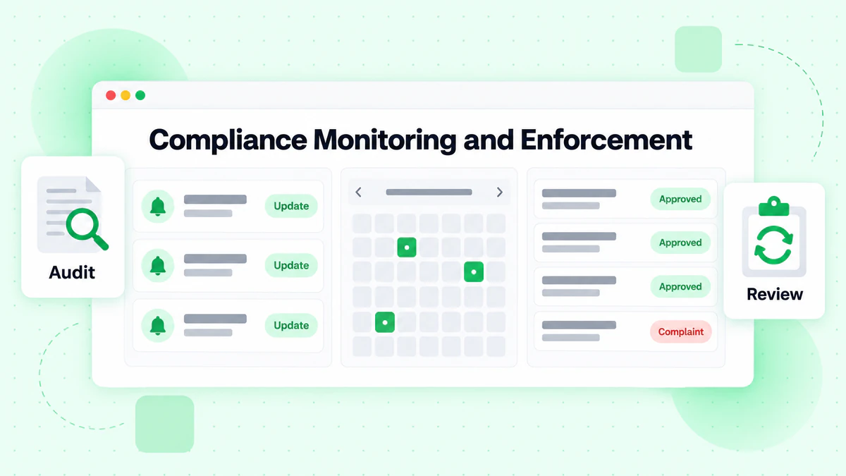 Panel de monitoreo y aplicación de cumplimiento: cambios de reglas, calendario de revisión y auditoría