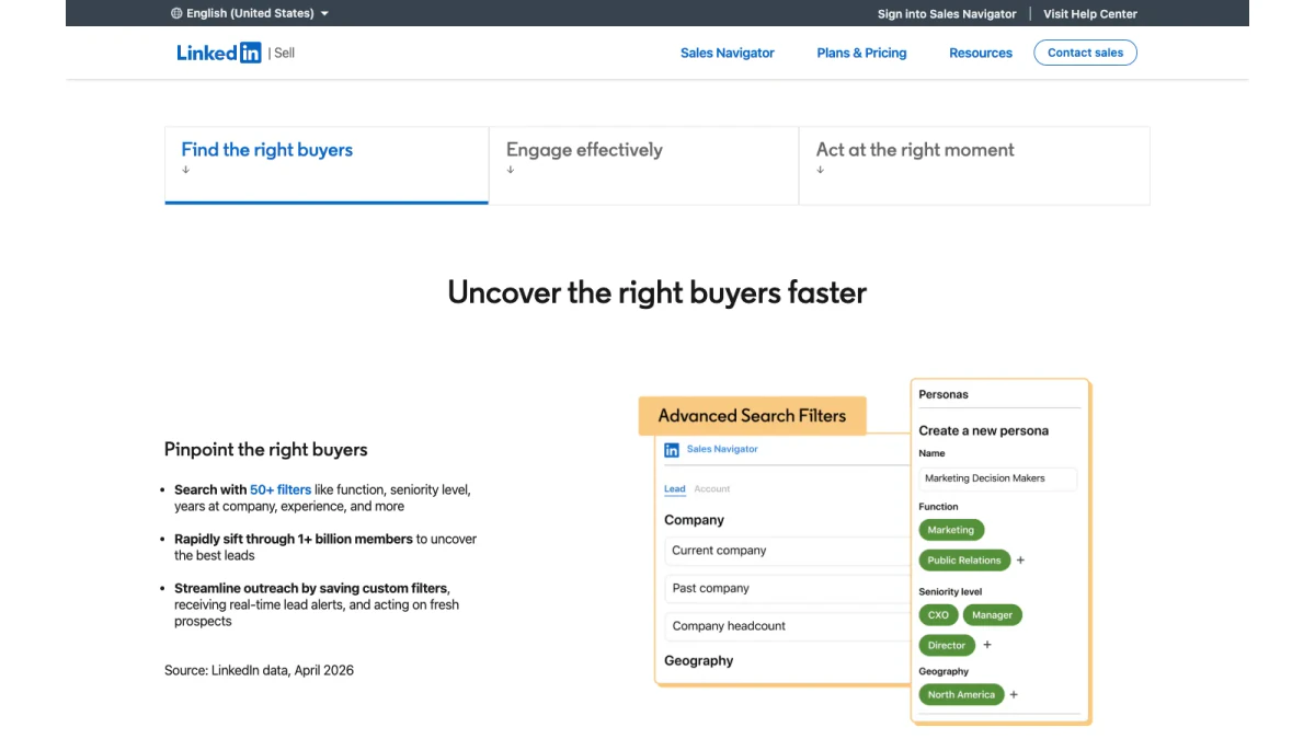 LinkedIn Sales Navigator features: search filters and Personas on the official page