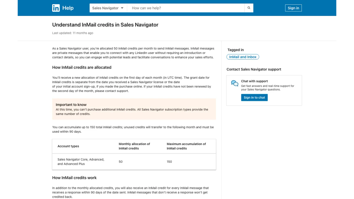 LinkedIn Sales Navigator InMail credits rules in the official Help Center