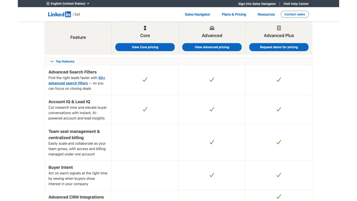 LinkedIn Sales Navigator plans: Core, Advanced and Advanced Plus compared