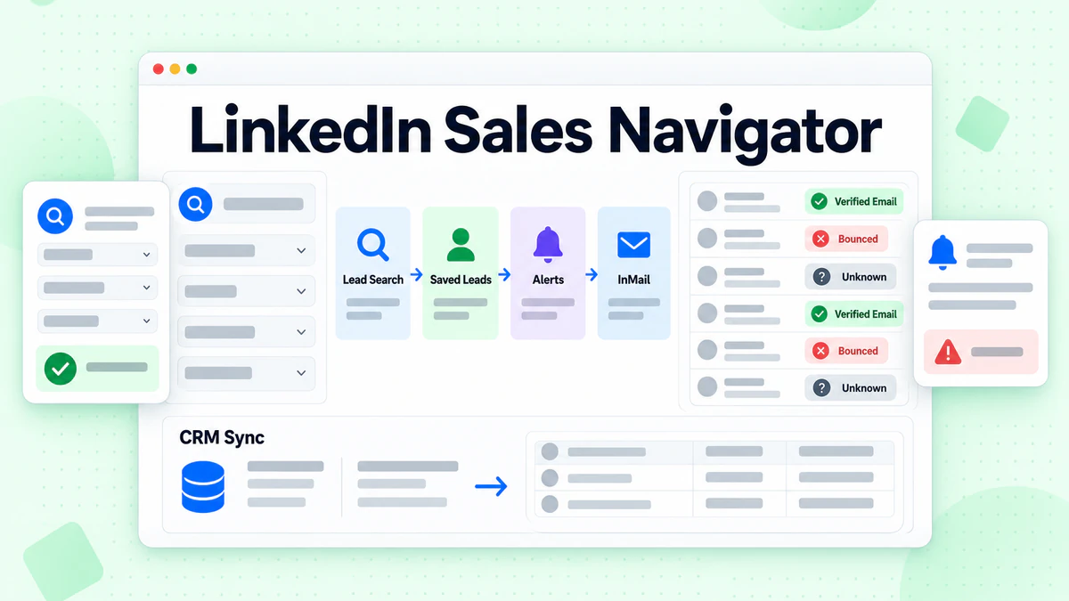 LinkedIn Sales Navigator workflow showing lead search, alerts, InMail, CRM sync and email statuses