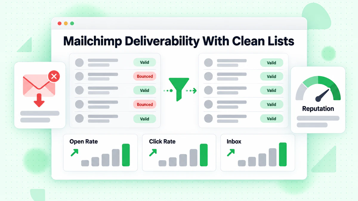 Mailchimp deliverability with clean lists: bounced rows filtered out, open and click rates rising