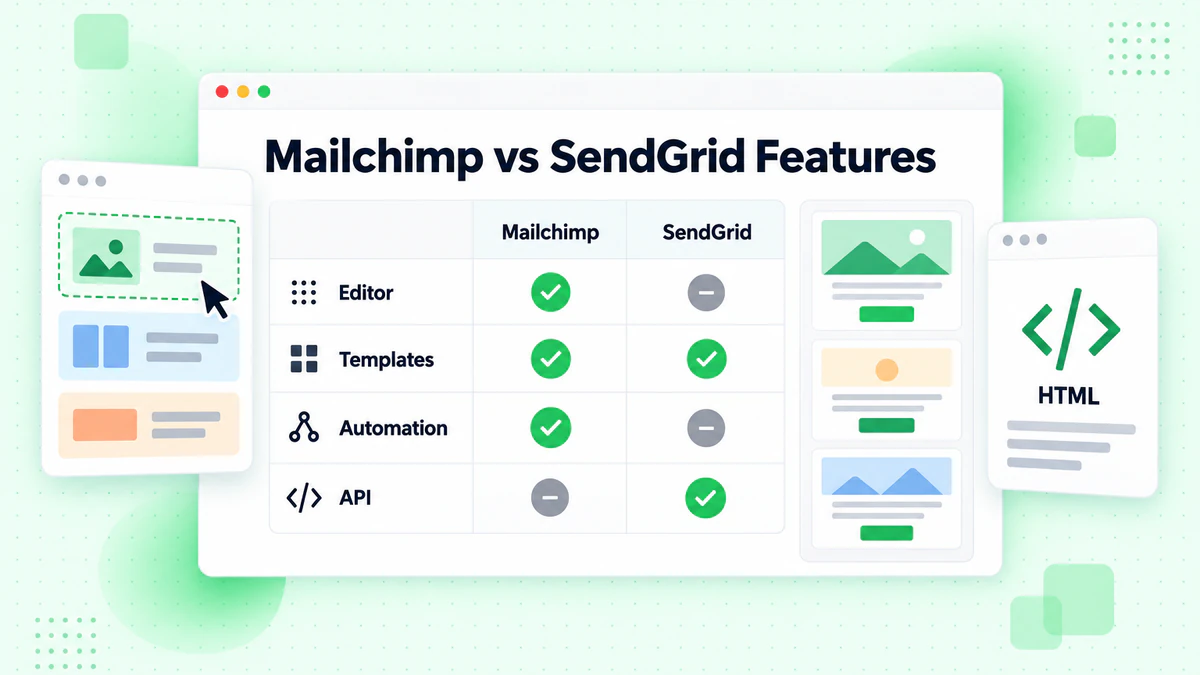 Mailchimp vs SendGrid features matrix: editor, templates, automation and API support side by side