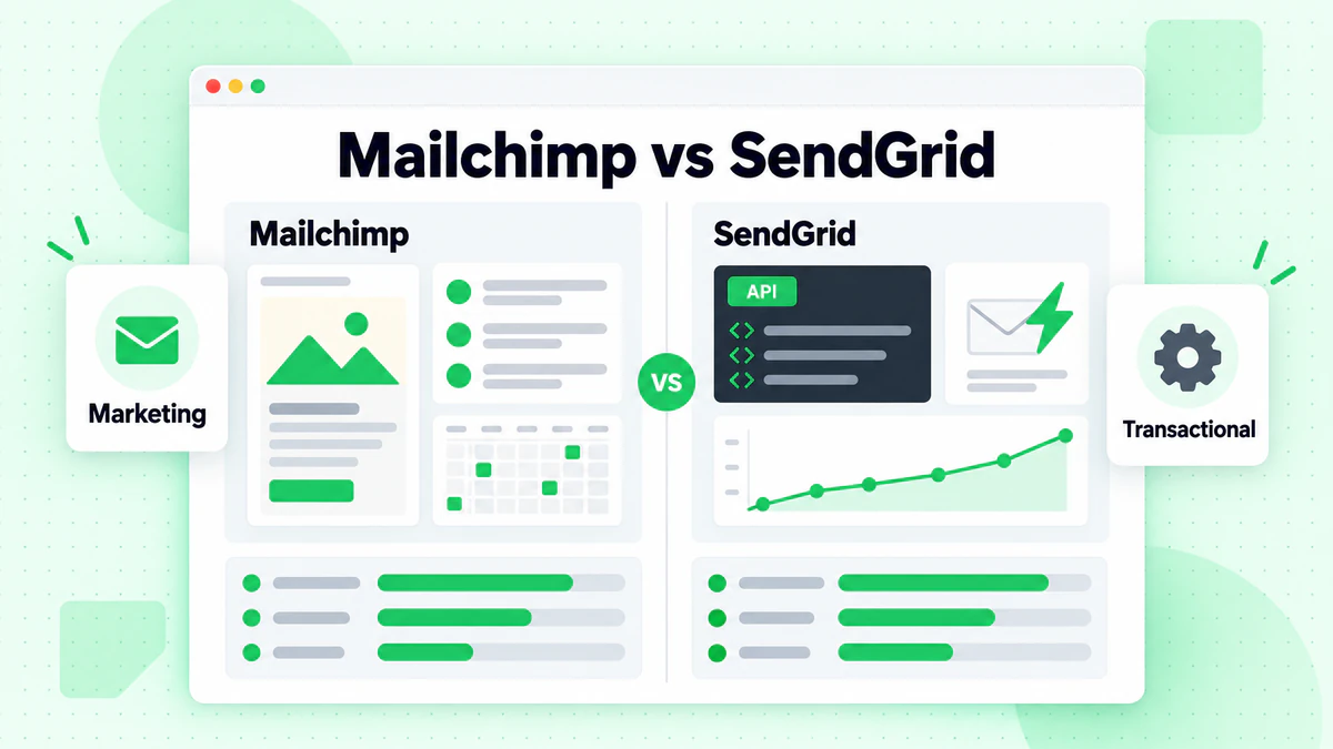 Mailchimp vs SendGrid comparison: marketing newsletter tools beside a transactional email API