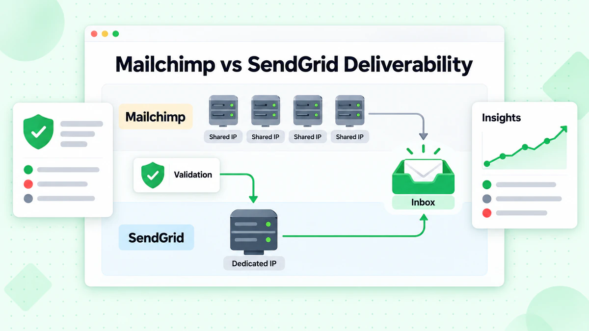 Mailchimp vs SendGrid deliverability: shared IP pool and dedicated IP lanes both reaching the inbox